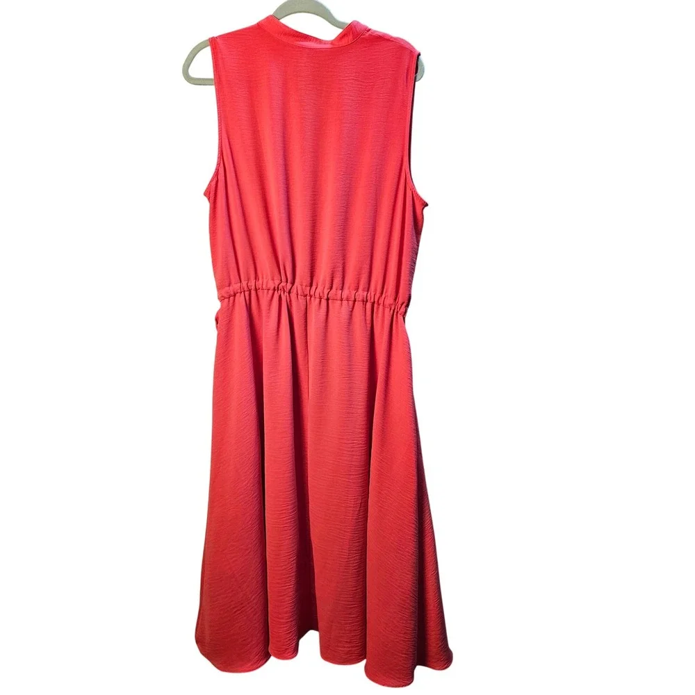 Anne Klein Coral Pink Sleeveless Split Neck Drawstring Waist Midi Dress 16 NEW - Picture 2 of 12